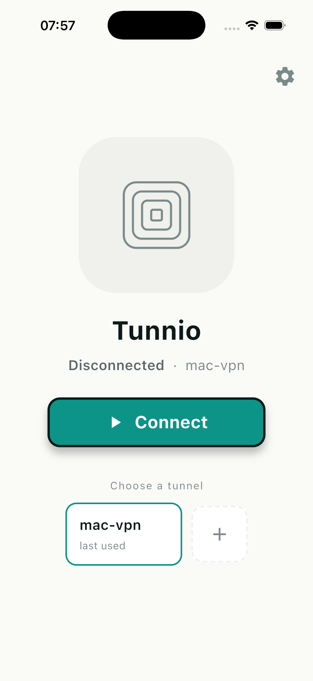Tunnio home screen with a saved tunnel ready to connect